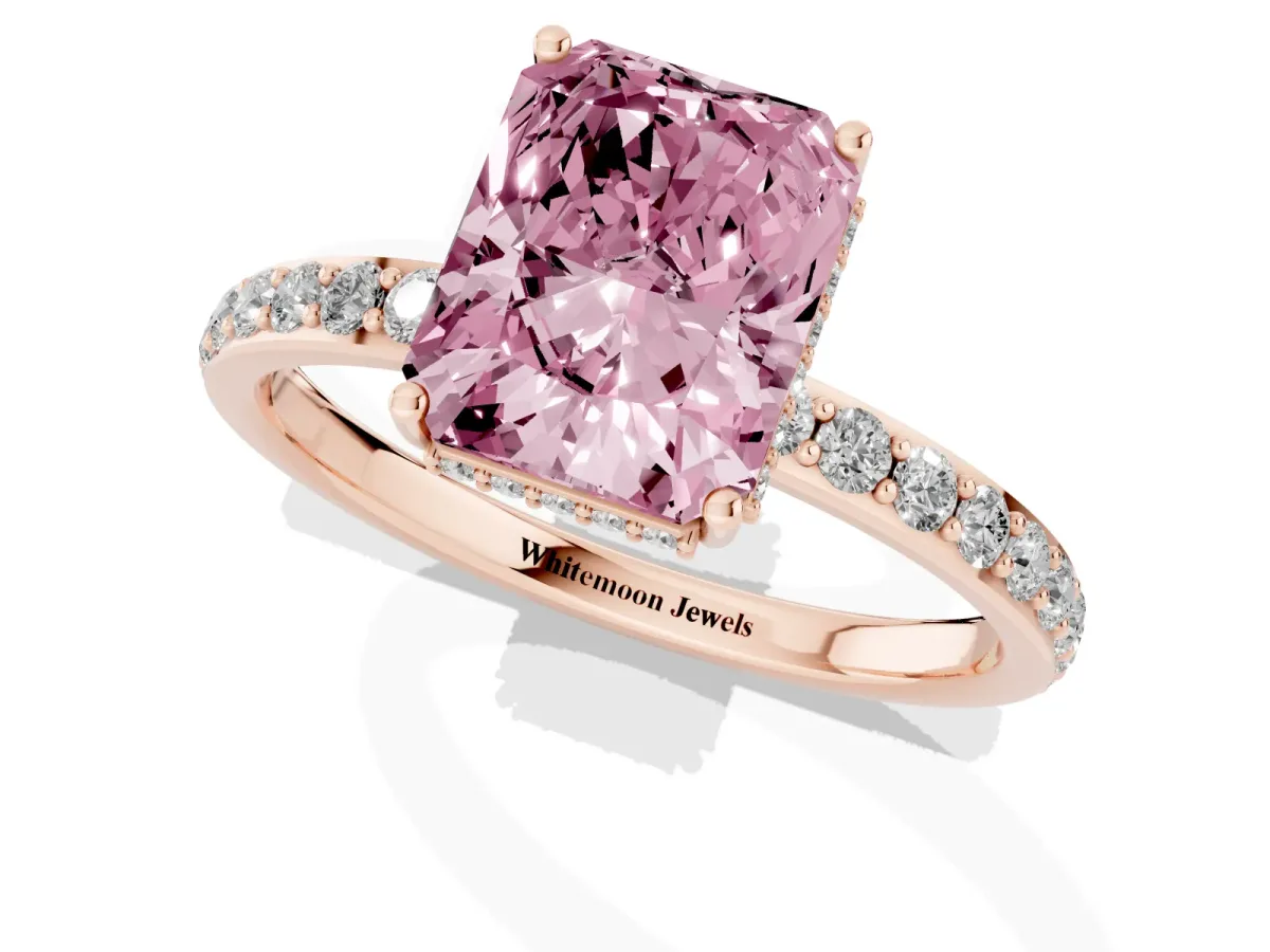 Fancy Pink Radiant Cut Diamond Solitaire Ring with Pavé Band and Hidden Halo Rose gold
