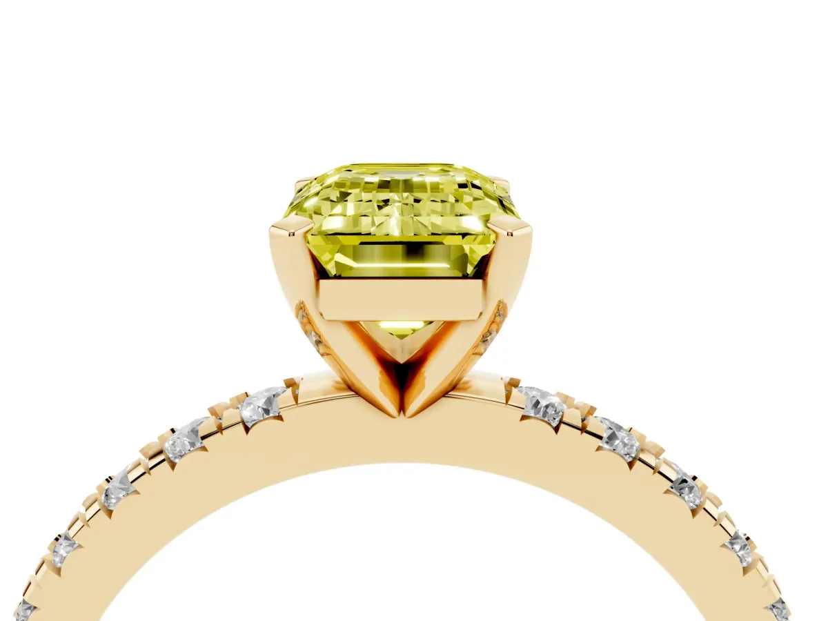 Fancy Yellow Emerald Cut Diamond Pavé Band Solitaire with Four-Prong Setting Yellow gold