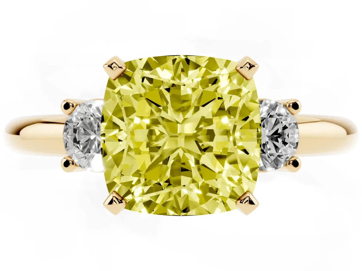 Fancy Yellow Three-Stone Cushion Cut Cut Diamond Solitaire with Prong Setting and Classic Band Yellow gold