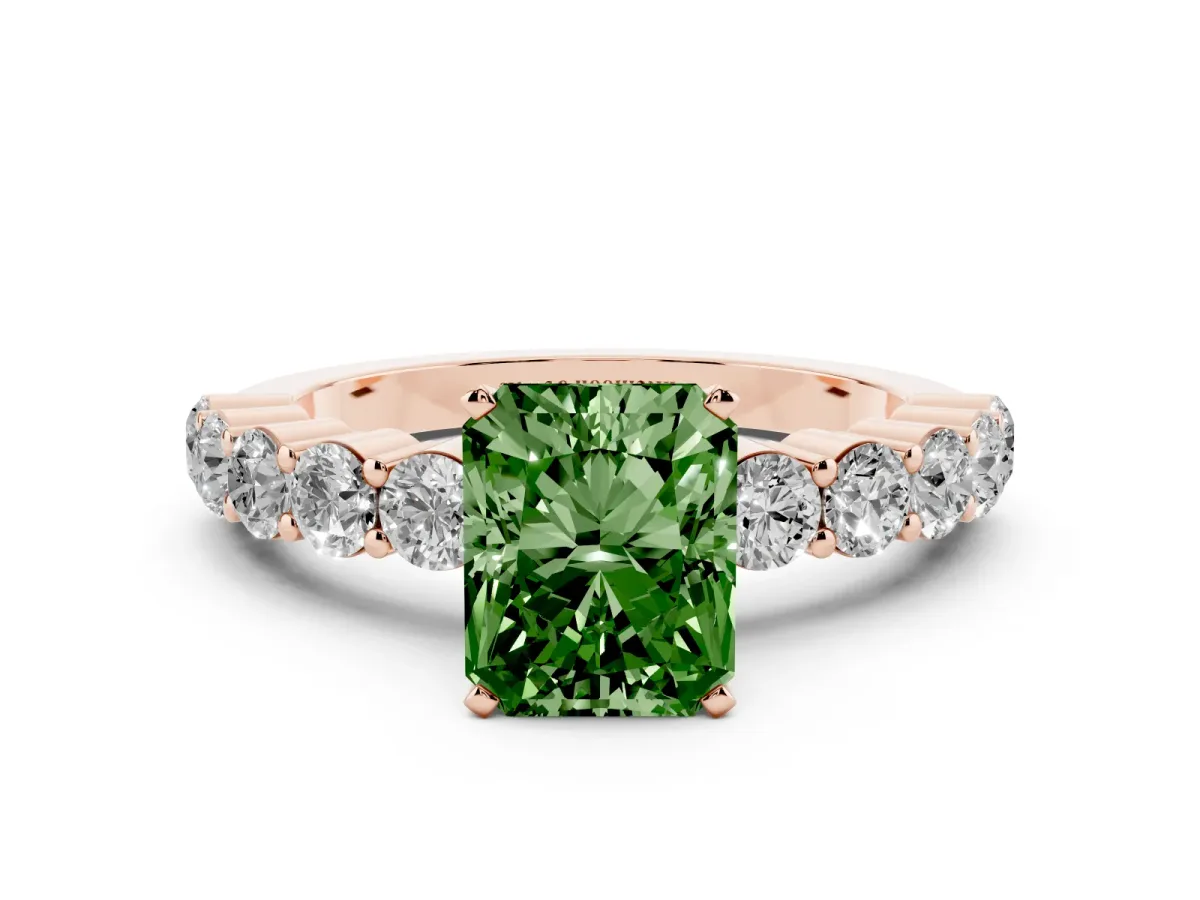 Fancy Green Radiant Cut Diamond Solitaire Ring with Shared Prong Round Side Stones Rose gold