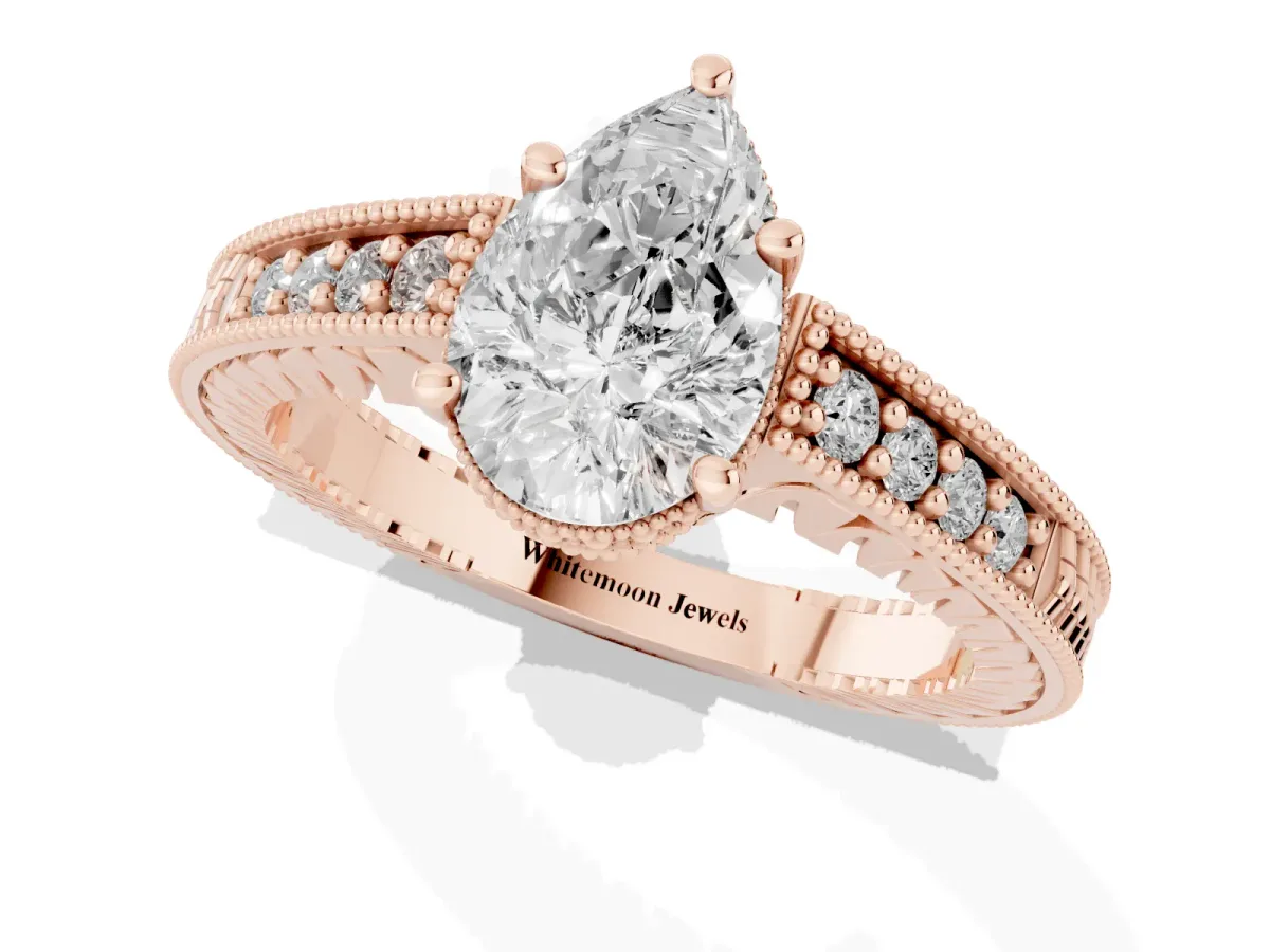 Pear Cut Solitaire Pavé Diamond Milgrain Engagement Ring with Four-Prong Setting Rose gold