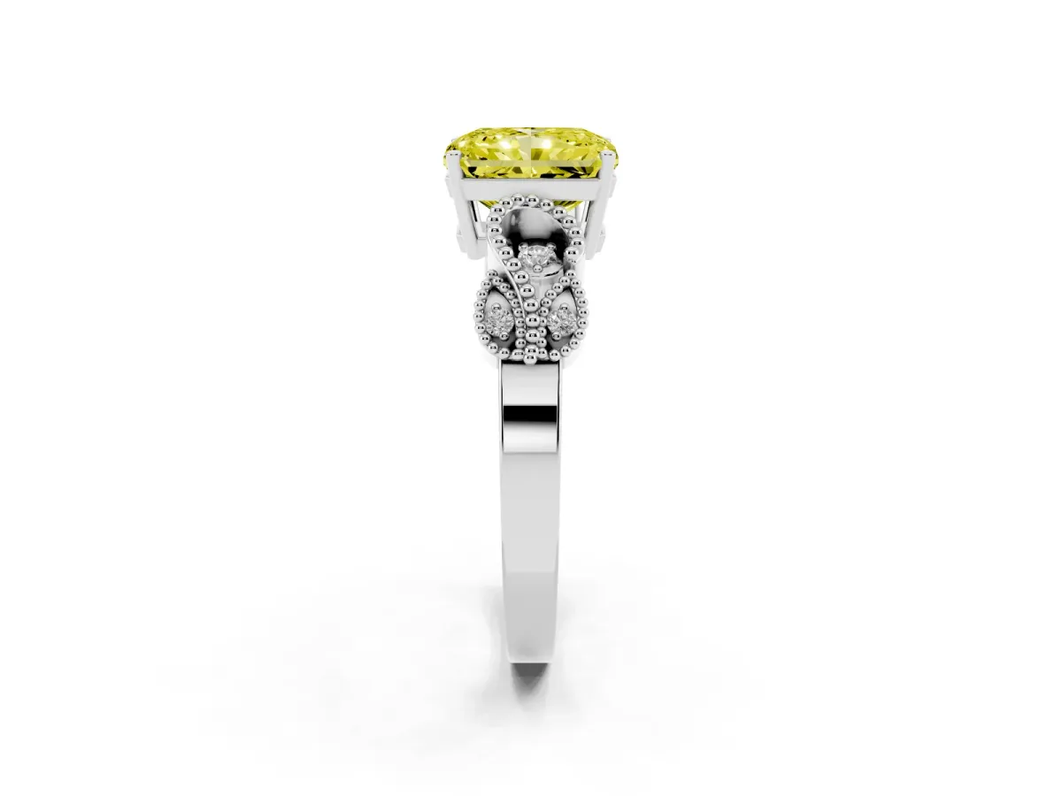 Fancy Yellow Princess Cut Solitaire Milgrain Leaf Band with Prong Setting Silver