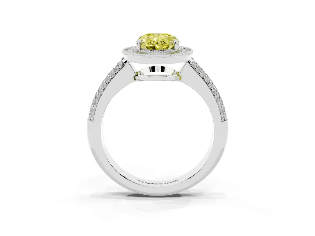Fancy Yellow Oval Cut Cut Halo Diamond Pave Band with Four-Prong Setting Silver