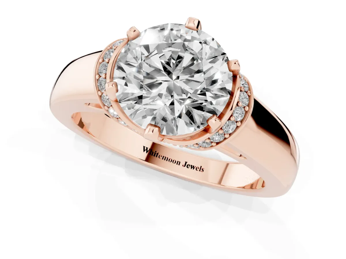 Round Cut Solitaire Diamond Ring with Pave Band and Six-Prong Setting Rose gold