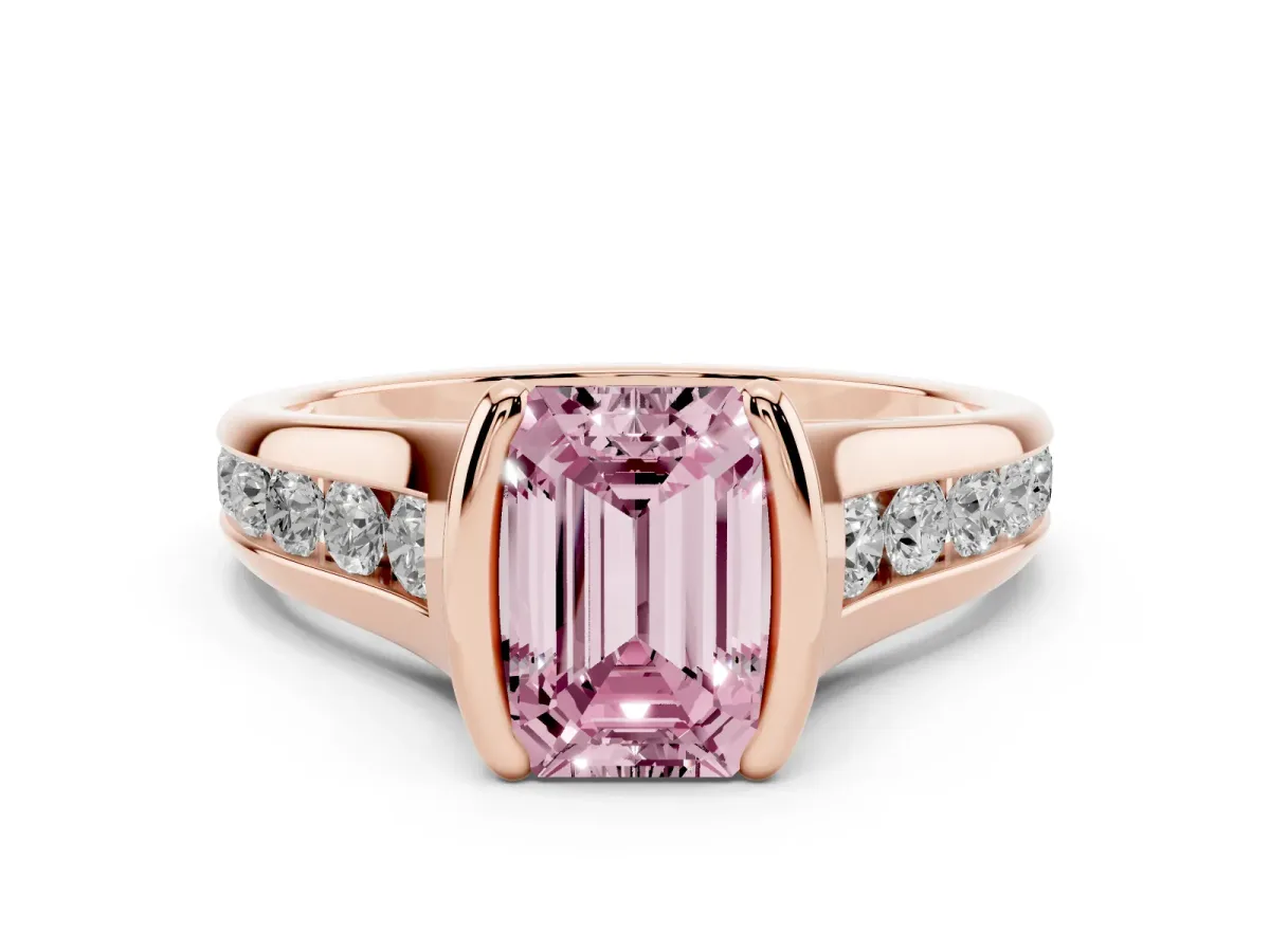 Fancy Pink Emerald Cut Solitaire Bezel-Set Diamond Ring with Channel-Set Band Rose gold
