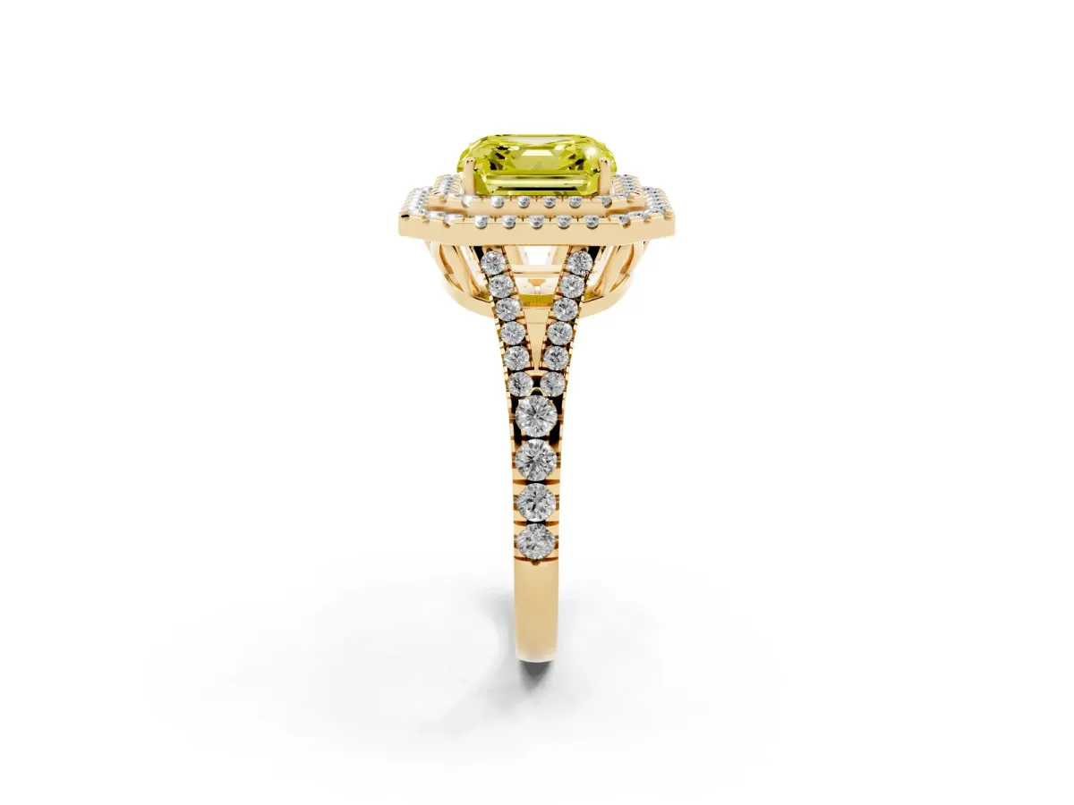 Fancy Yellow Asscher Cut Diamond Double Halo Ring with Pavé Band and Prong Setting Yellow gold