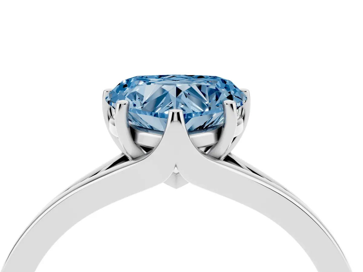 Fancy Blue Heart Cut Solitaire Diamond Ring with Six-Prong Setting and Tapered Band White gold