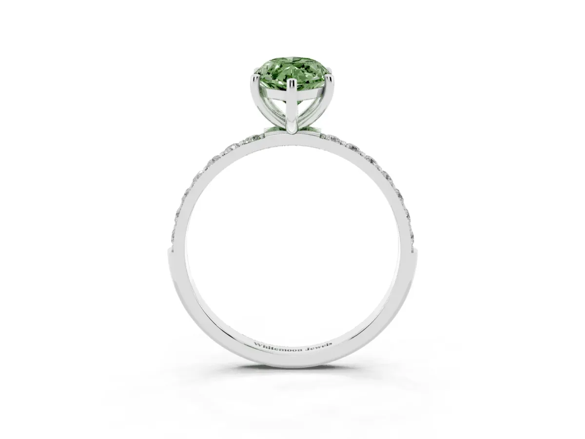 Fancy Green Marquise Cut Diamond Solitaire Ring with Round Pavé Shoulders and Prong Setting Silver
