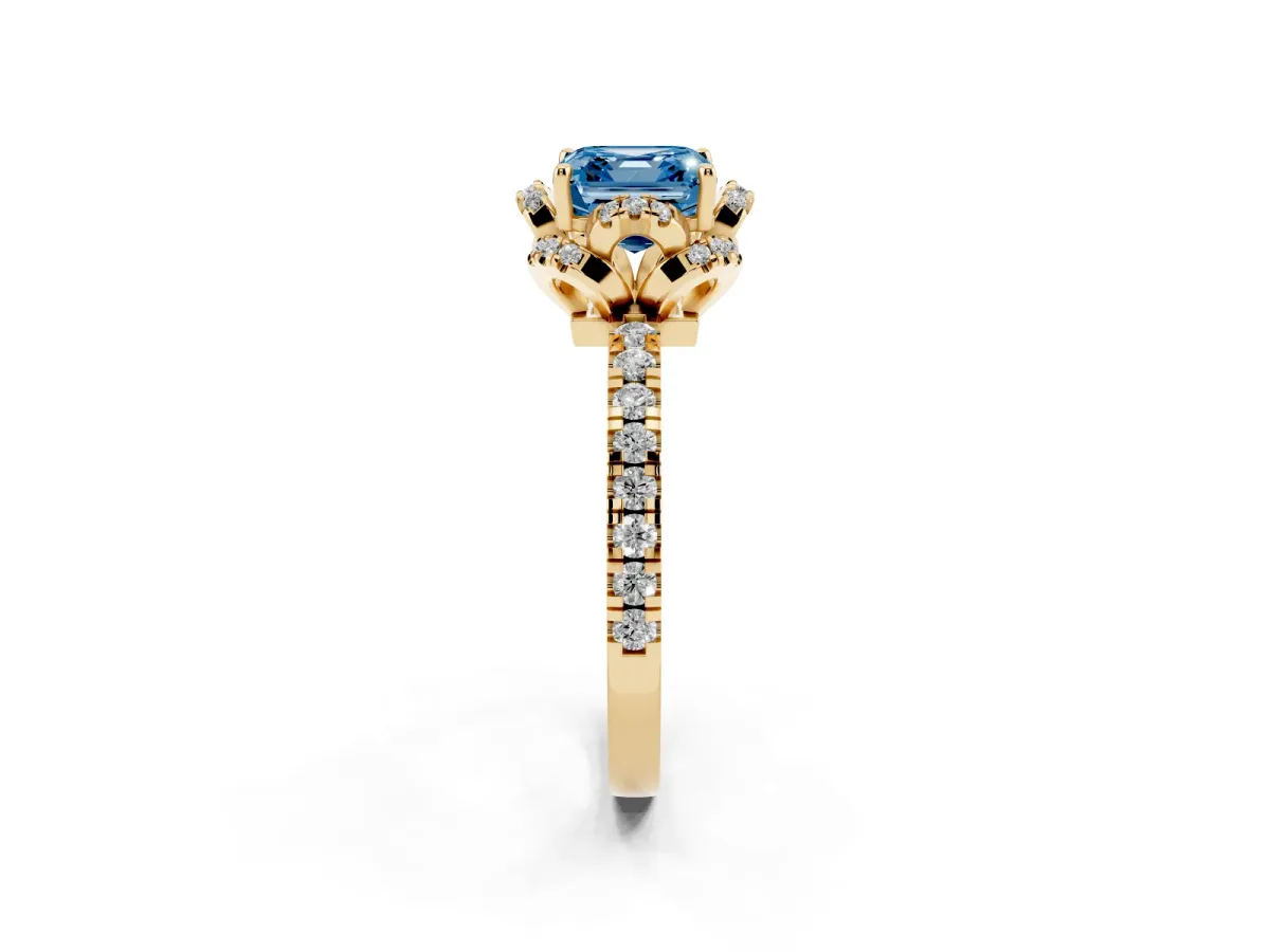 Fancy Blue Asscher Cut Diamond Halo Pave Band with Four-Prong Setting Yellow gold