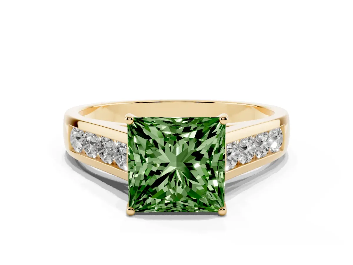 Fancy Green Princess Cut Solitaire Channel-Set Diamond Engagement Ring with Four-Prong Setting Yellow gold