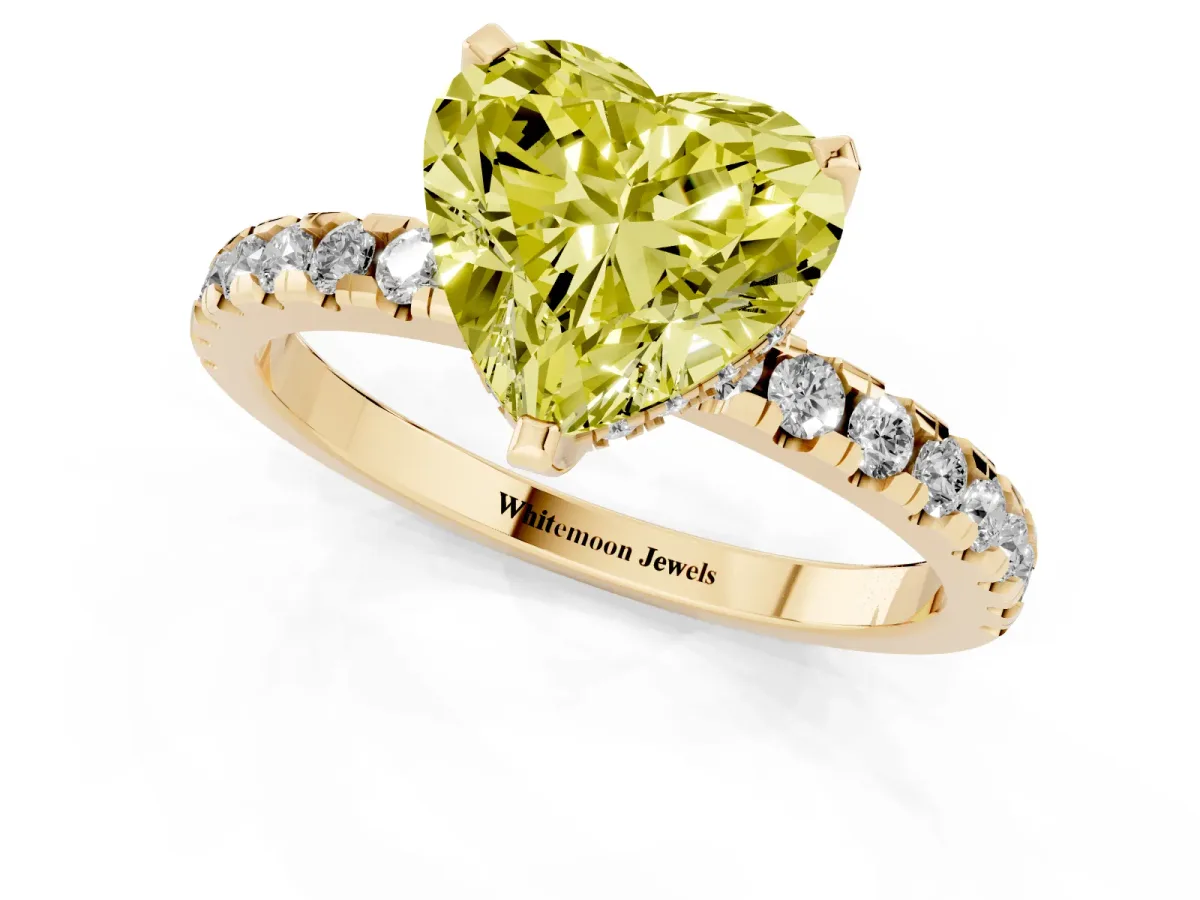 Fancy Yellow Heart Cut Diamond Solitaire Ring with Round Pavé Band and Four-Prong Setting Yellow gold