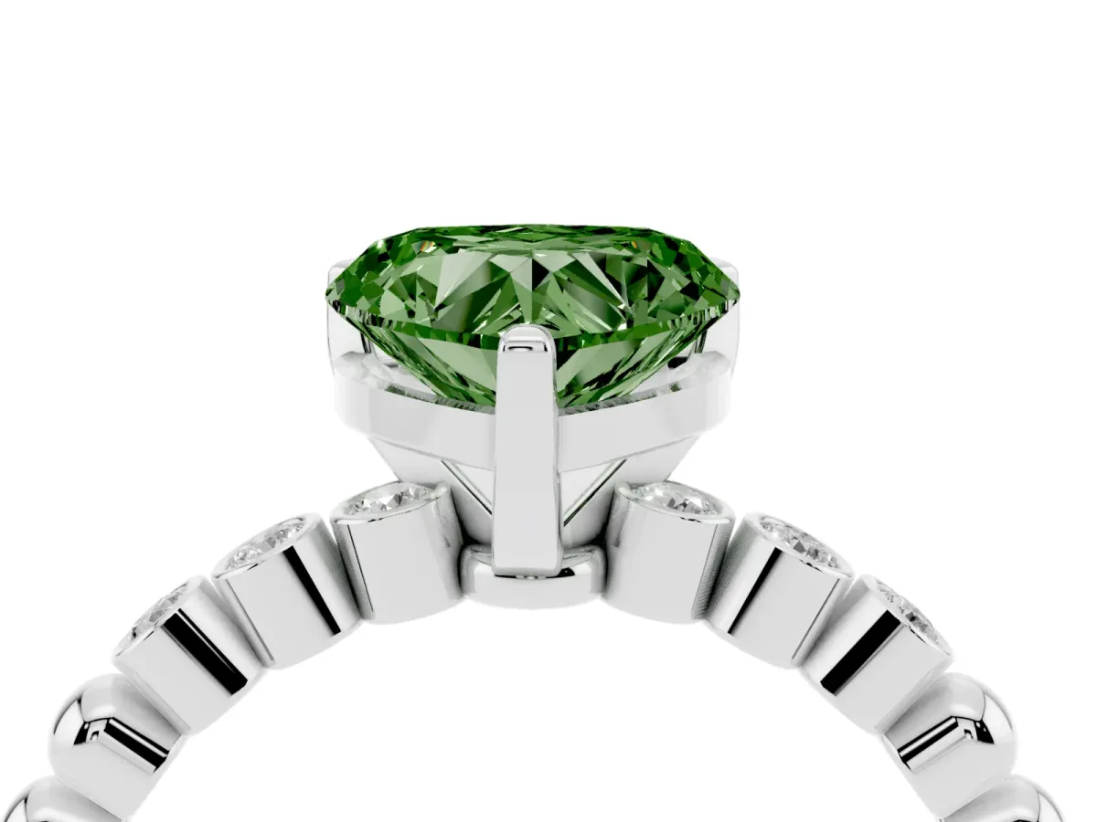 Fancy Green Heart Cut Solitaire Bezel Accent Diamond Engagement Ring with Beaded Band and Four-Prong Setting Silver