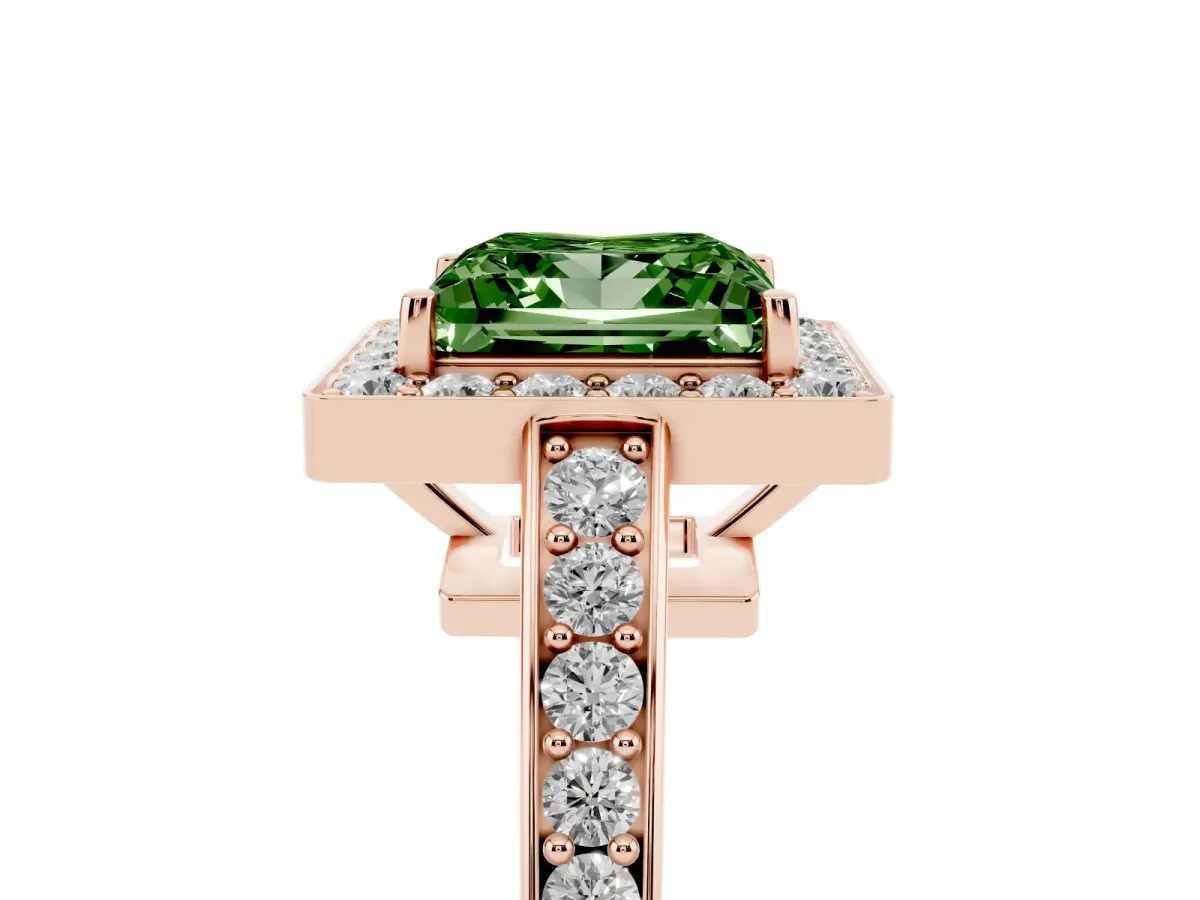 Fancy Green Princess Cut Halo Pavé Diamond Engagement Ring with Bezel Setting Rose gold