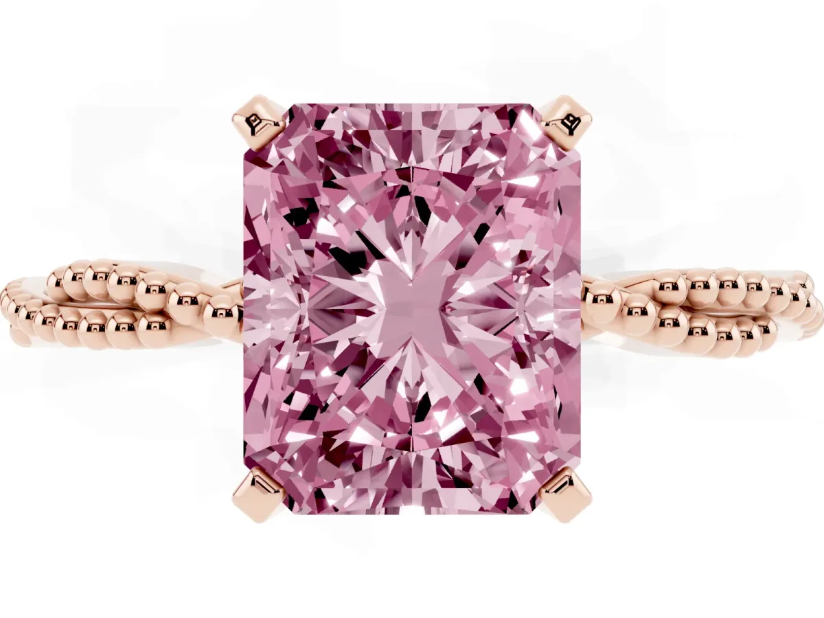 Fancy Pink Radiant Cut Solitaire Twisted Band with Bead Prong Setting Rose gold