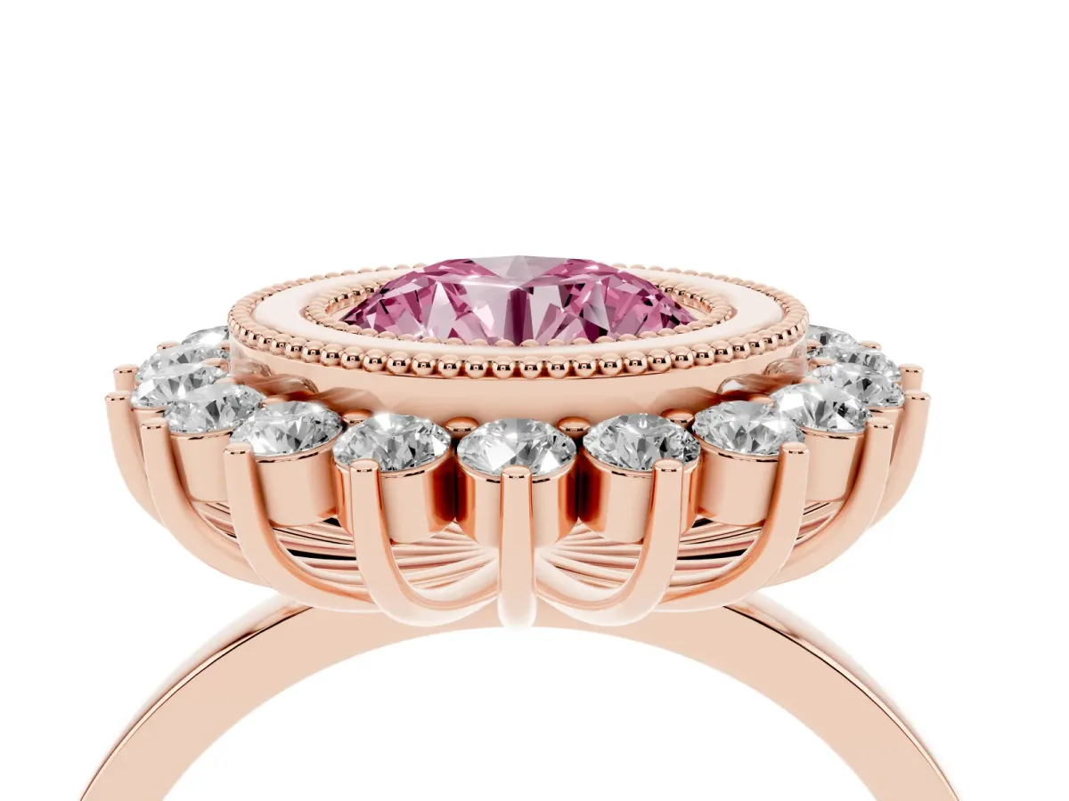 Fancy Pink Round Cut Halo Diamond Ring with Milgrain Edge and Round Prong Setting Rose gold