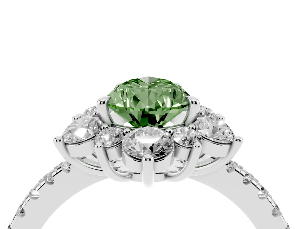 Fancy Green Pear Cut Diamond Floral Halo Ring with Round Pavé Band and Prong Setting White gold