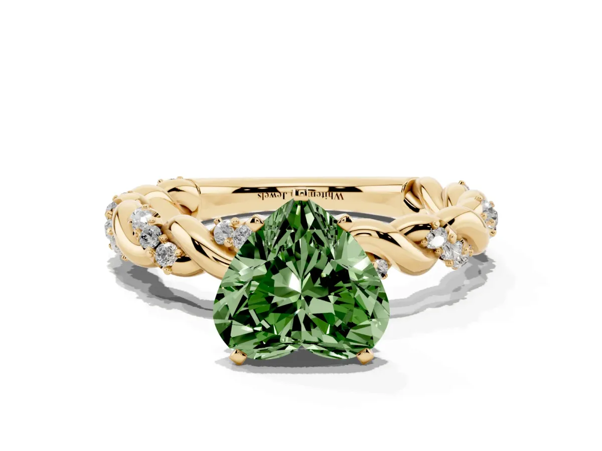 Fancy Green Heart Cut Diamond Solitaire Ring with Twisted Band and Pavé Accents Yellow gold