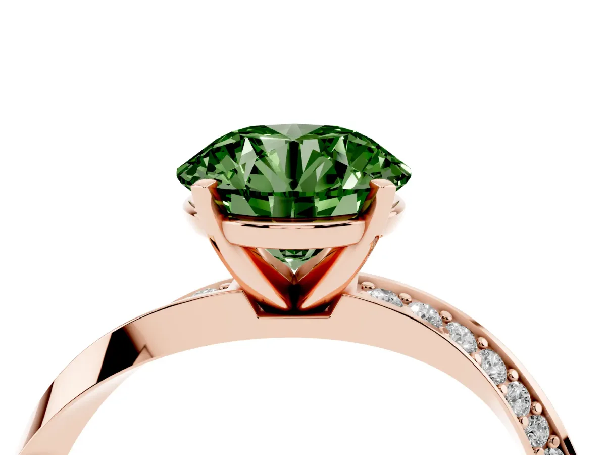 Fancy Green Round Cut Diamond Engagement Ring with Side Stone Accents and Four-Prong Setting Rose gold