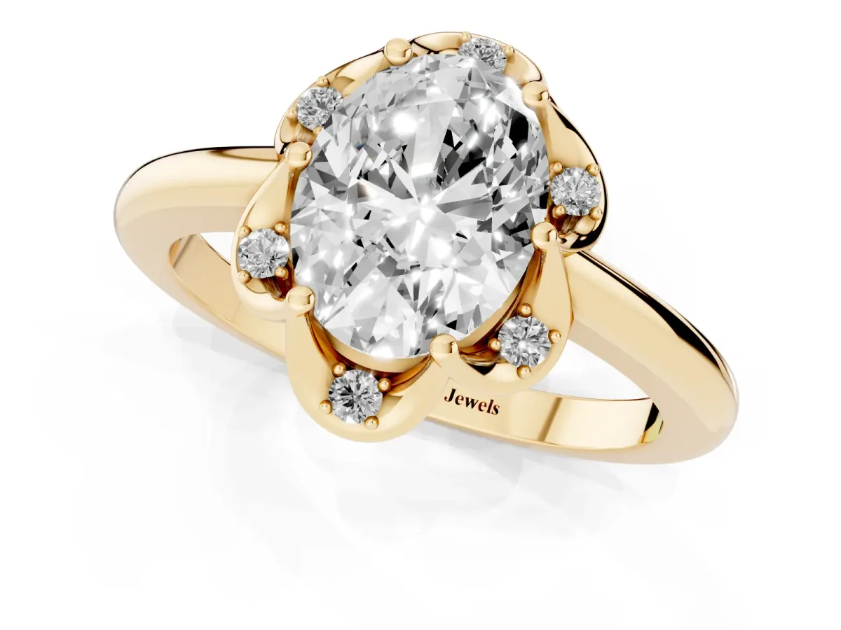 Oval Cut Halo Diamond Ring with Round Cluster Setting, Solitaire Band, and Four-Prong Setting Yellow gold