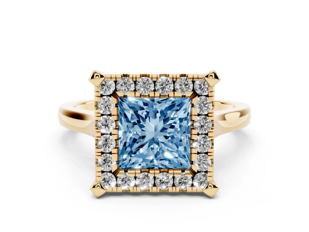 Fancy Blue Princess Cut Diamond Cluster Halo Solitaire with Four-Prong Setting Yellow gold