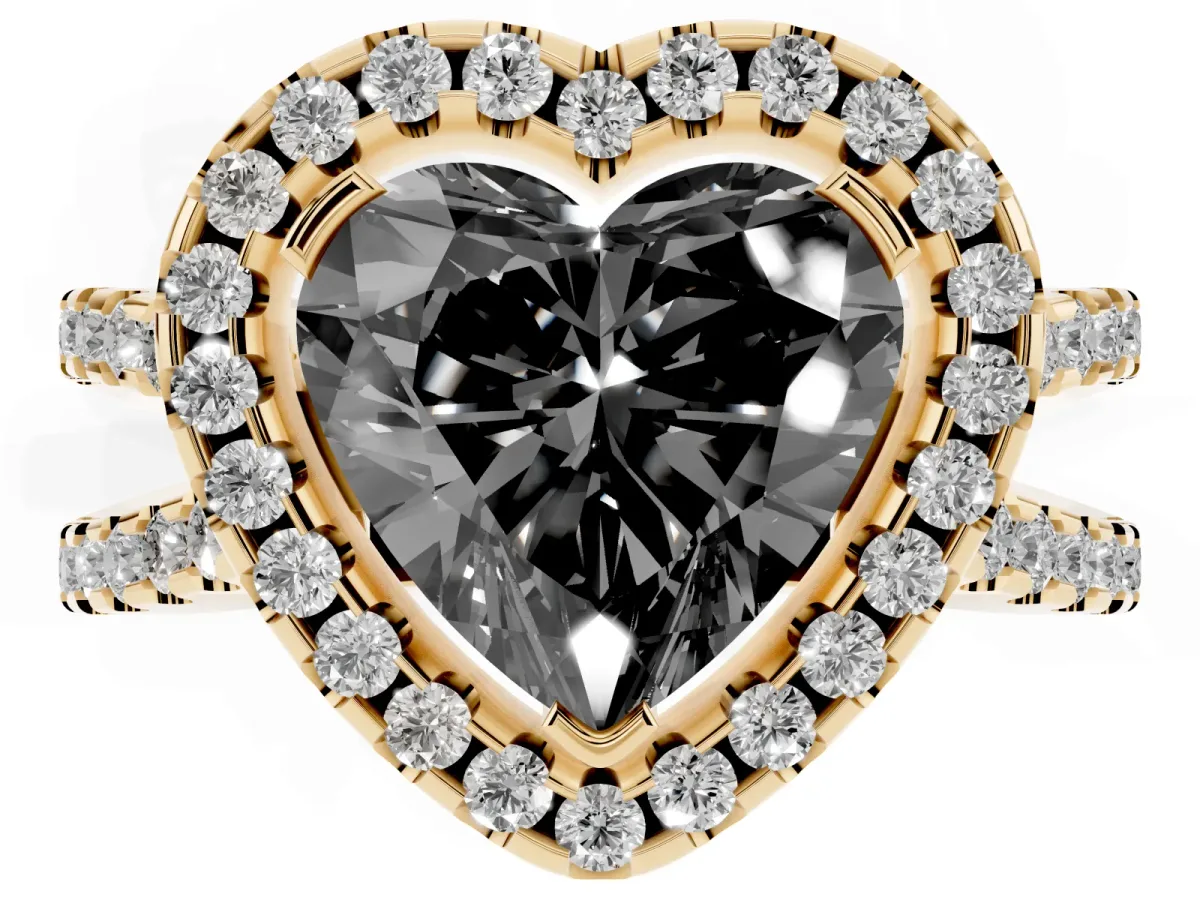 Fancy Black Heart Cut Diamond Halo Ring with Split Shank Pavé Band and Prong Setting Yellow gold
