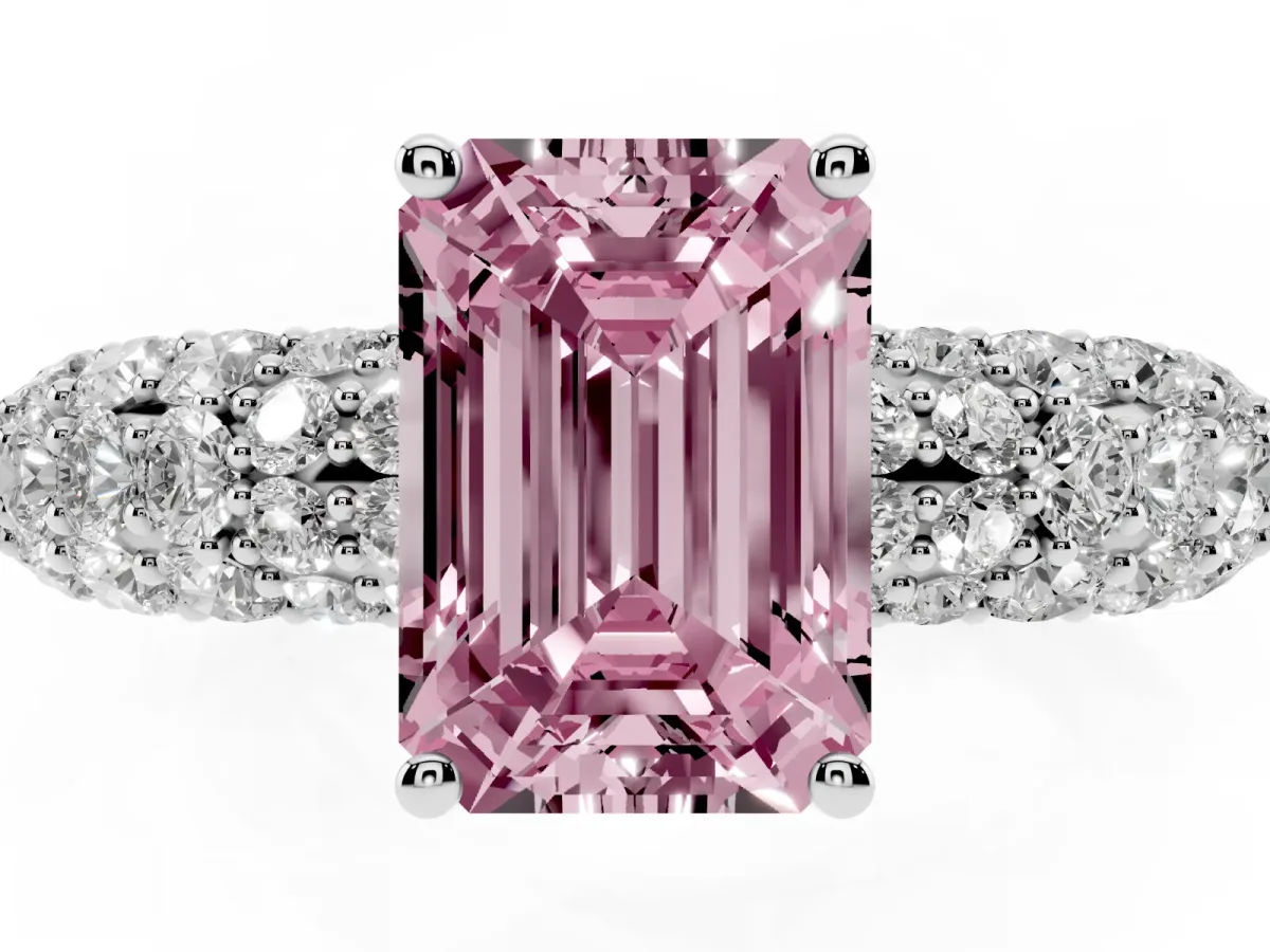 Fancy Pink Emerald Cut Diamond Pavé Band Solitaire Ring with Four-Prong Setting Platinum