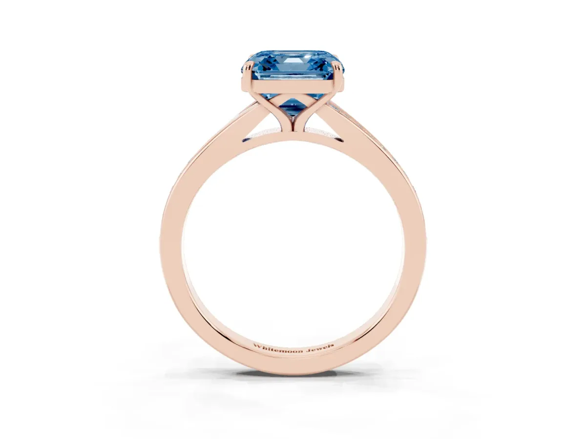 Fancy Blue Asscher Cut Diamond Solitaire Ring with Pavé Band and Prong Setting Rose gold