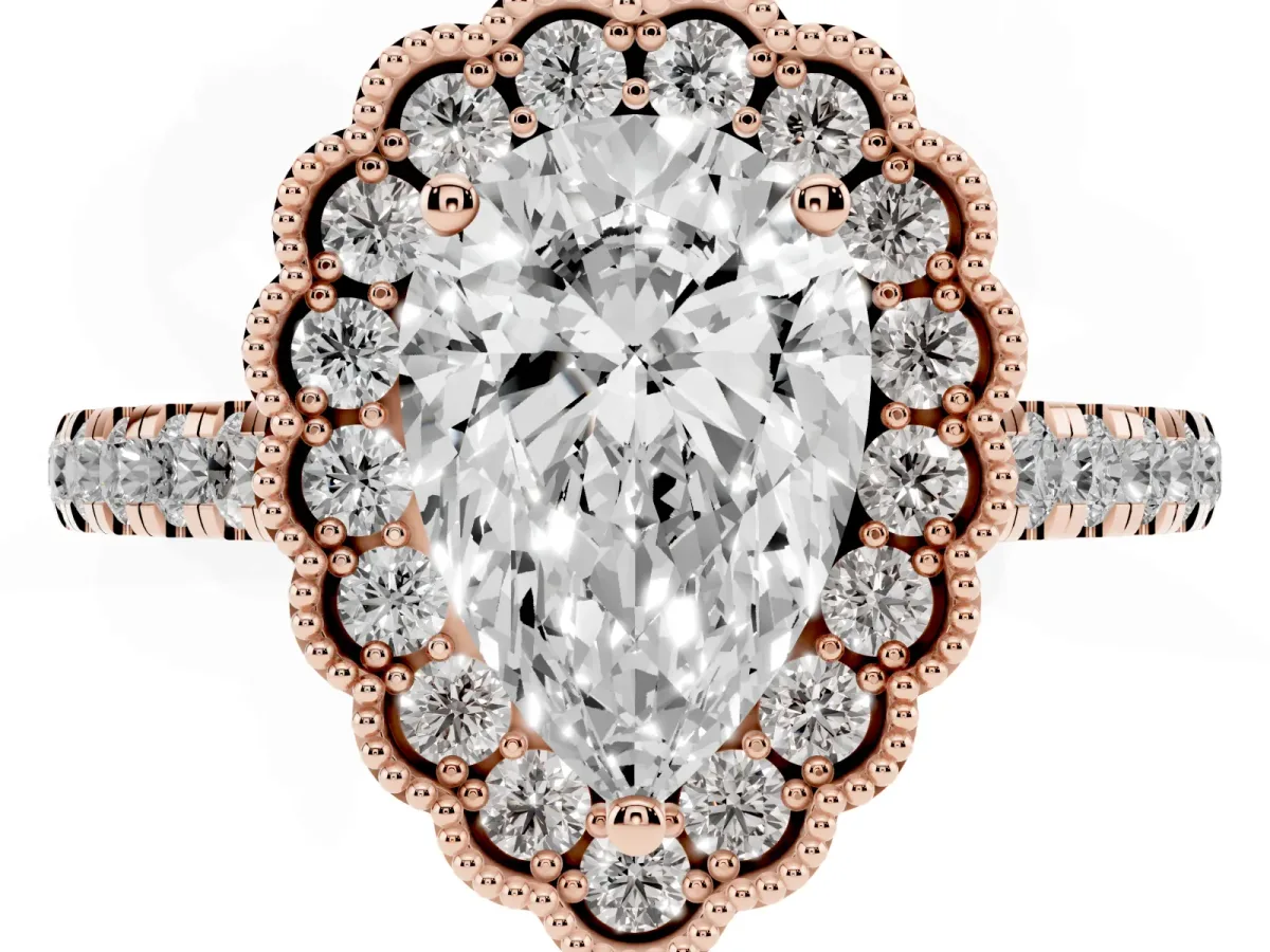 Pear Cut Cut Diamond Milgrain Floral Halo Engagement Ring with Pavé Band Rose gold