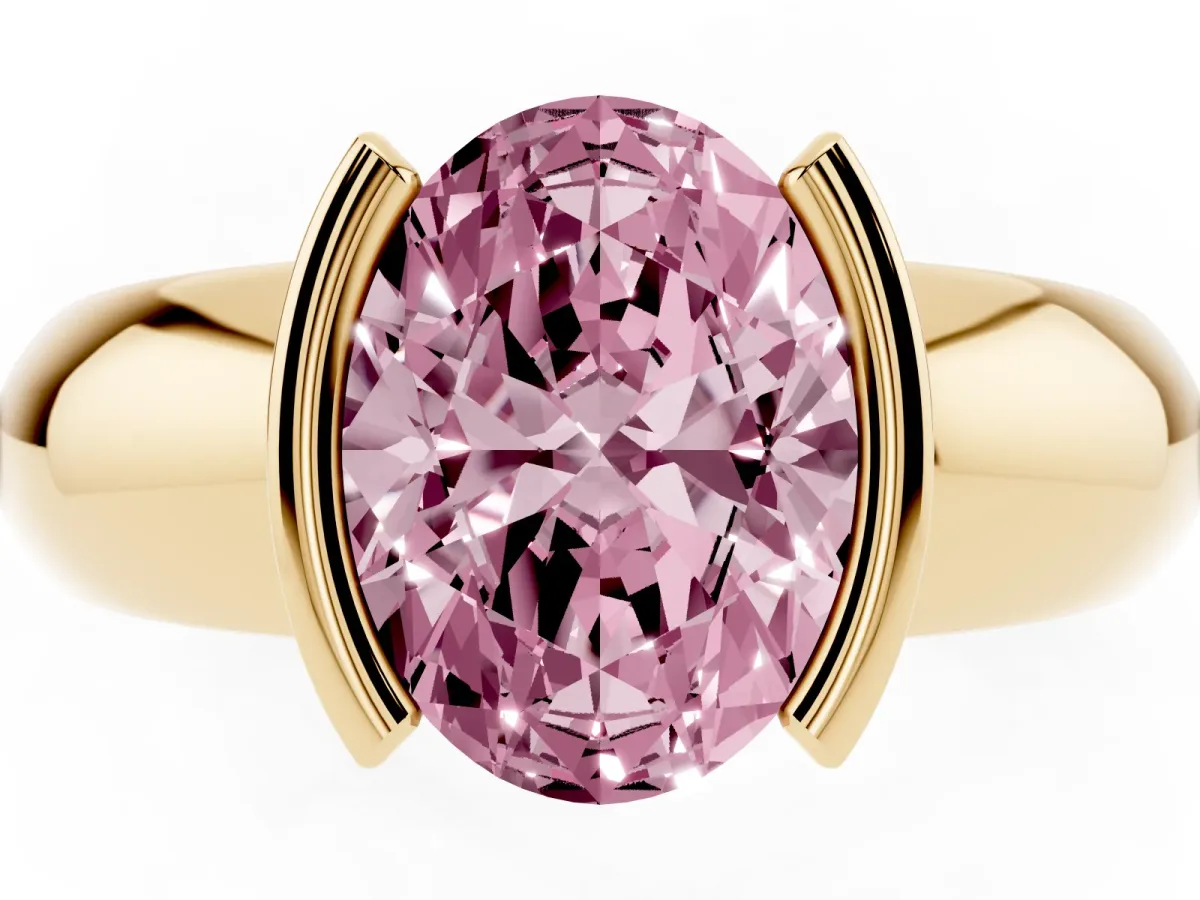 Fancy Pink Oval Cut Solitaire Tension Set Diamond Ring with Wide Band Yellow gold