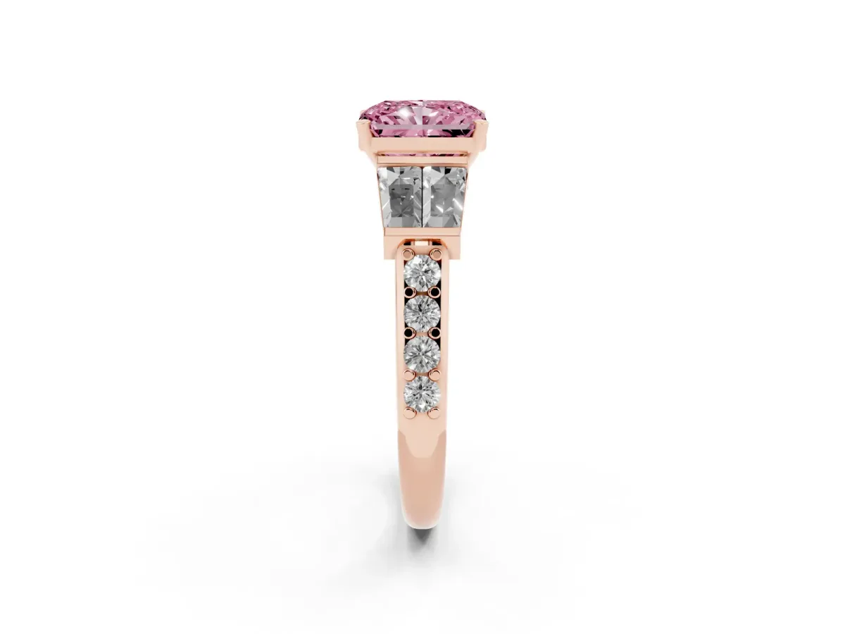 Fancy Pink Radiant Cut Diamond Engagement Ring with Baguette Side Stones and Channel Set Band Rose gold