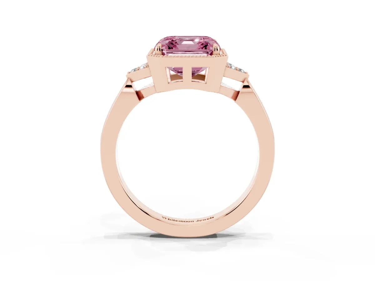 Fancy Pink Milgrain Asscher Cut Cut Diamond Ring with Tapered Pave Band and Four Prong Setting Rose gold