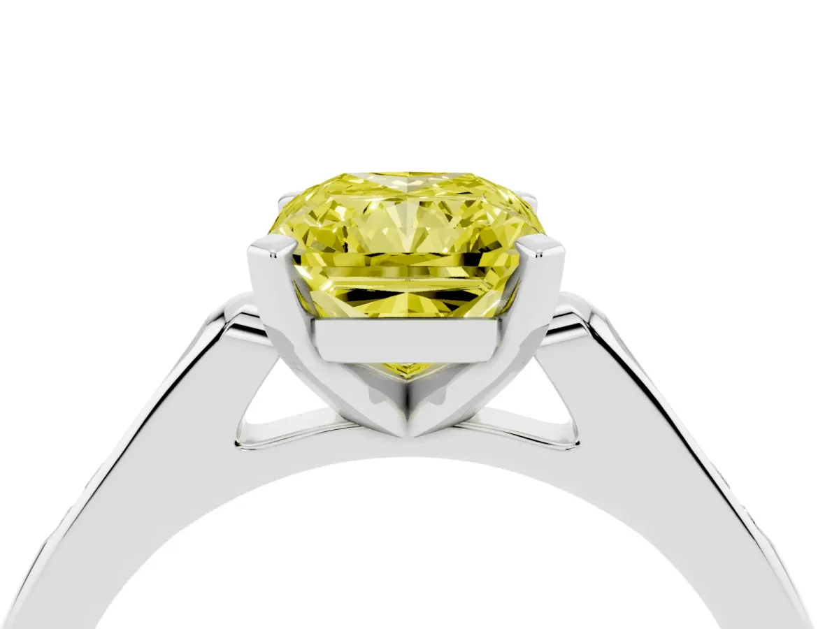 Fancy Yellow Radiant Cut Diamond Solitaire Ring with Channel Set Round Band and Prong Setting Platinum