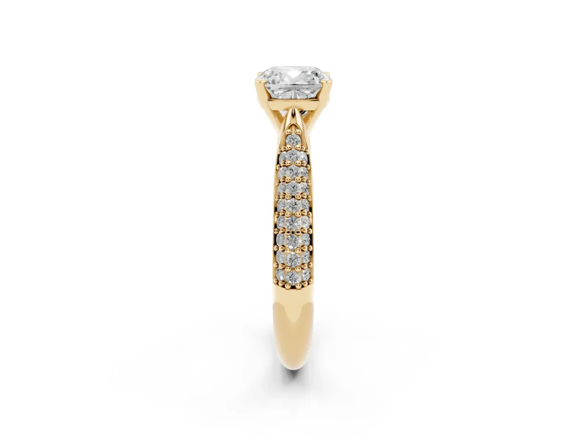 Cushion Cut Diamond Solitaire Engagement Ring with Multi-Row Round Pavé Band and Prong Setting Yellow gold
