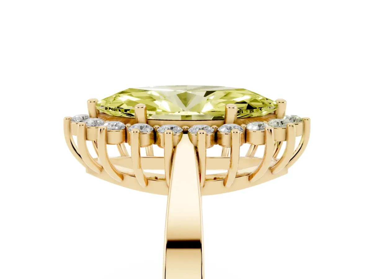 Fancy Yellow Marquise Cut Cut Diamond Halo Ring with Round Brilliant Halo and Solitaire Band Yellow gold