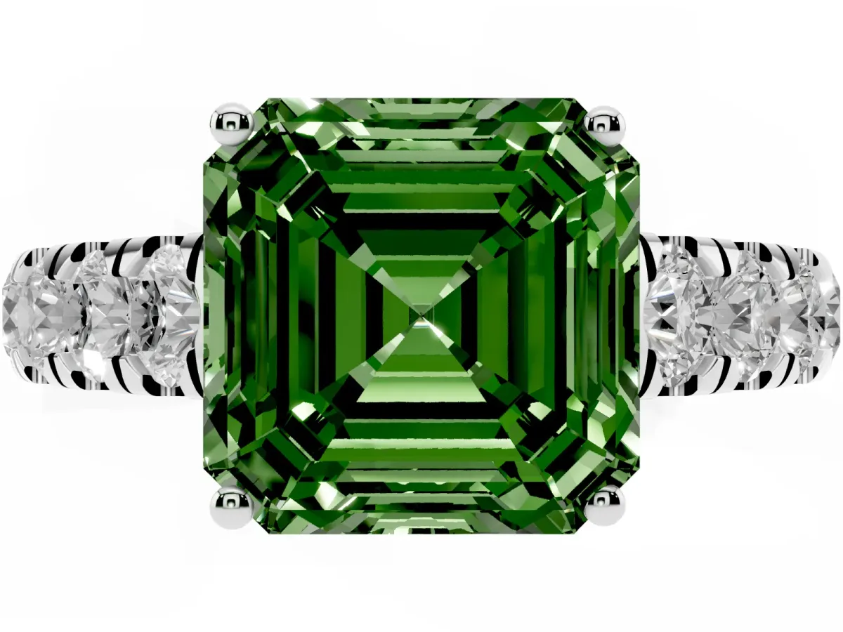 Fancy Green Asscher Cut Cut Diamond Solitaire Ring with Micro Pave Band and Prong Setting Silver