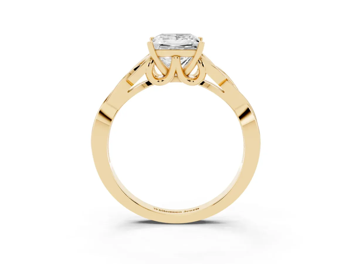 Princess Cut Diamond Solitaire Engagement Ring with Celtic Knot Band and Four-Prong Setting Yellow gold