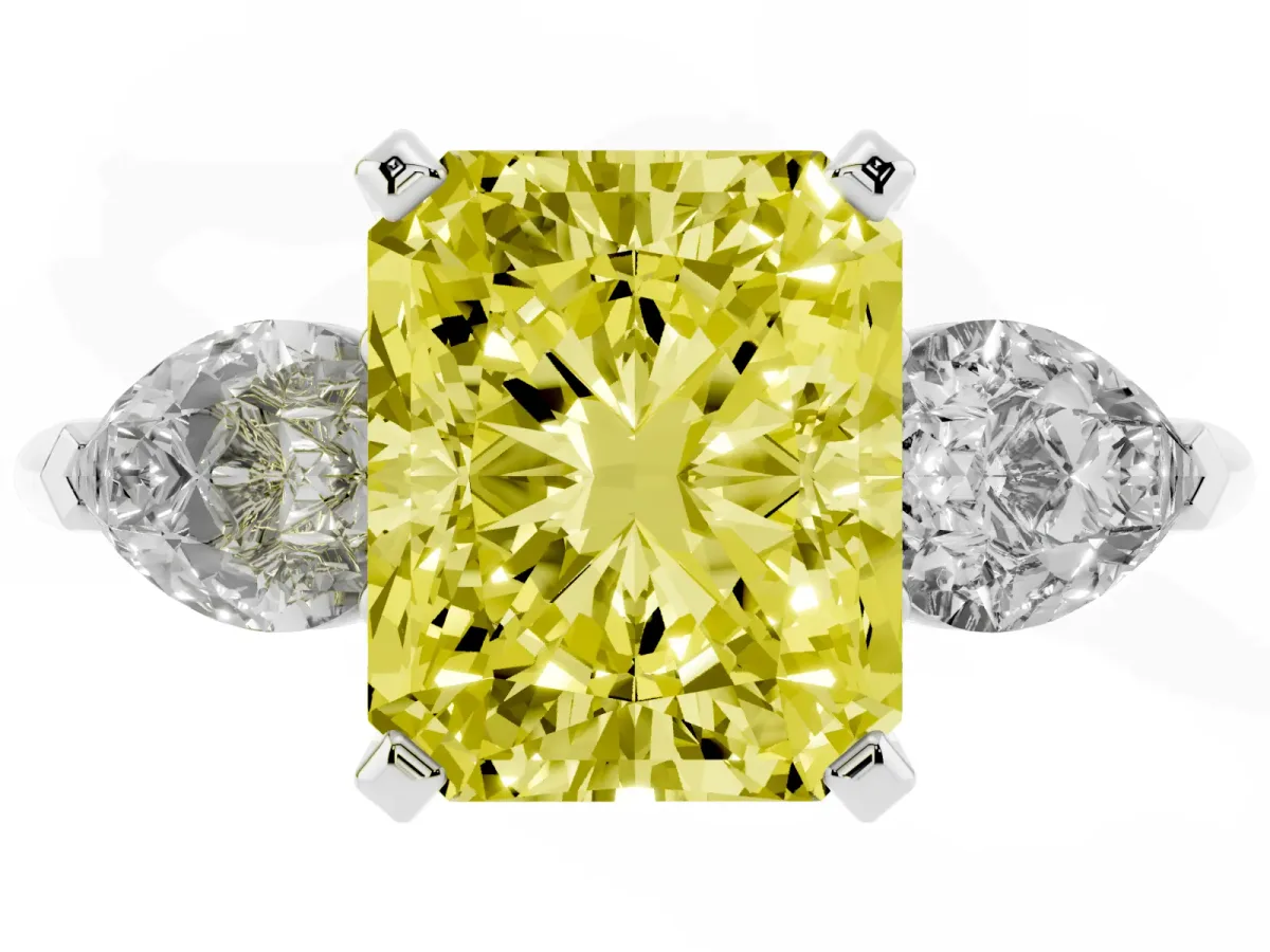 Fancy Yellow Three-Stone Radiant Cut Diamond Ring with Pear Side Stones and Four-Prong Setting Silver
