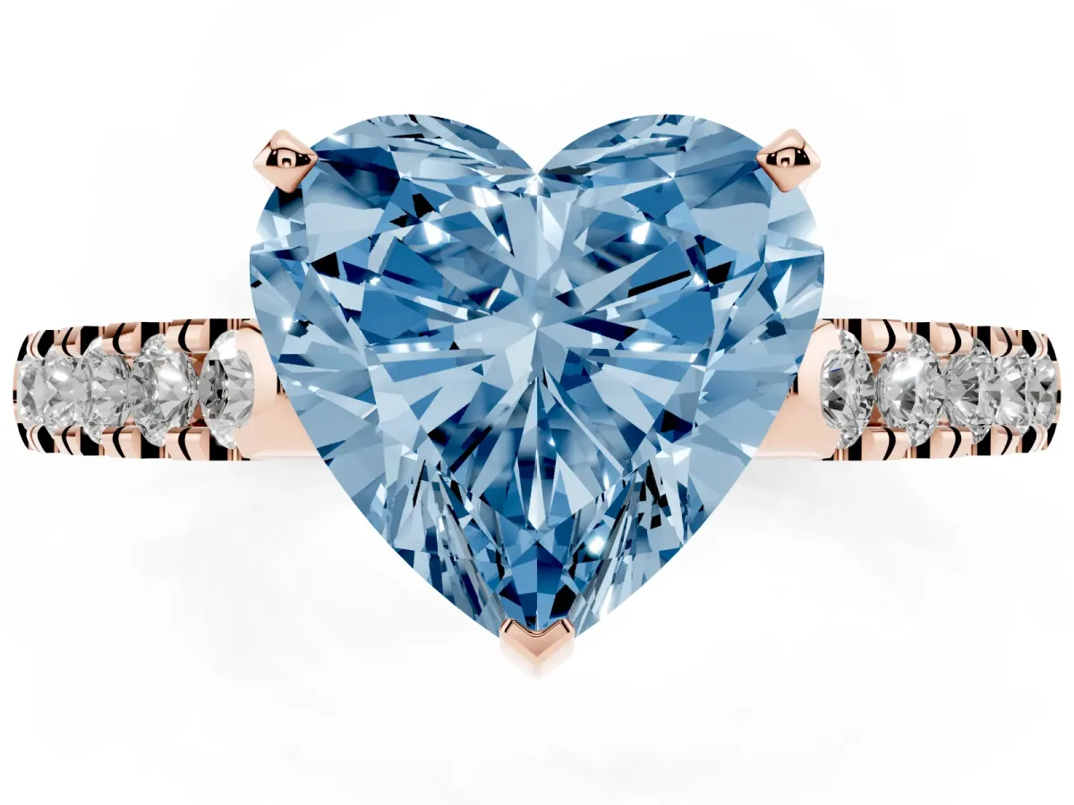 Fancy Blue Heart Cut Diamond Pavé Band Solitaire Ring with Prong Setting Rose gold