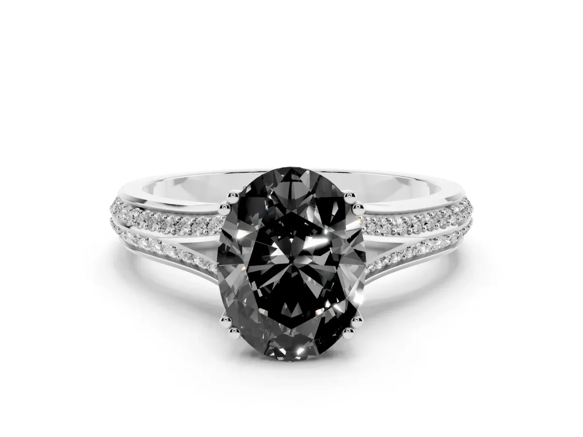Fancy Black Oval Cut Diamond Split Shank Engagement Ring with Pavé Band White gold