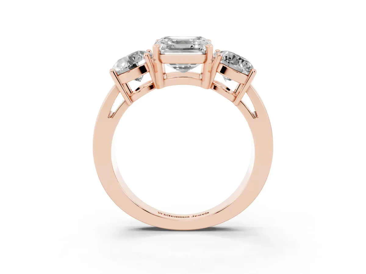 Three-Stone Asscher Cut Diamond Ring with Round Side Stones, Classic Band, and Four-Prong Setting Rose gold