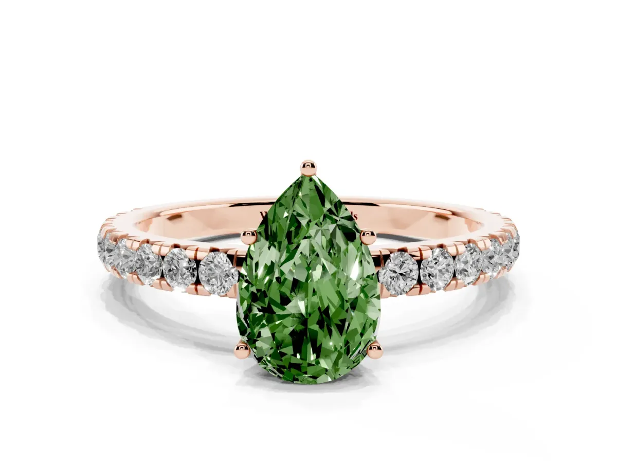 Fancy Green Pear Cut Diamond Pavé Solitaire Engagement Ring with Four-Prong Setting Rose gold