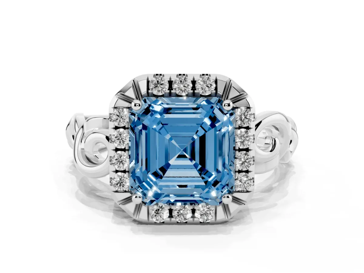 Fancy Blue Asscher Cut Cut Halo Diamond Ring with Scrollwork Band and Four-Prong Setting Silver
