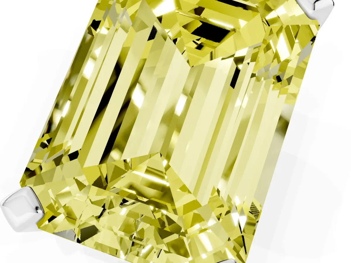 Fancy Yellow Emerald Cut Diamond Solitaire Ring with Prong Setting and Classic Band Platinum