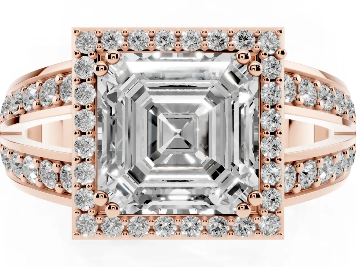Asscher Cut Diamond Halo Ring with Split Shank Pavé Band and Four-Prong Setting Rose gold