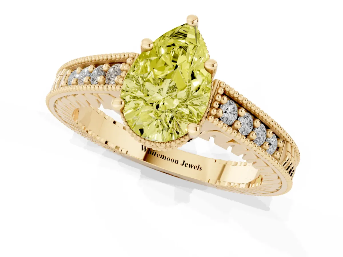 Fancy Yellow Pear Cut Solitaire Pavé Diamond Milgrain Engagement Ring with Four-Prong Setting Yellow gold
