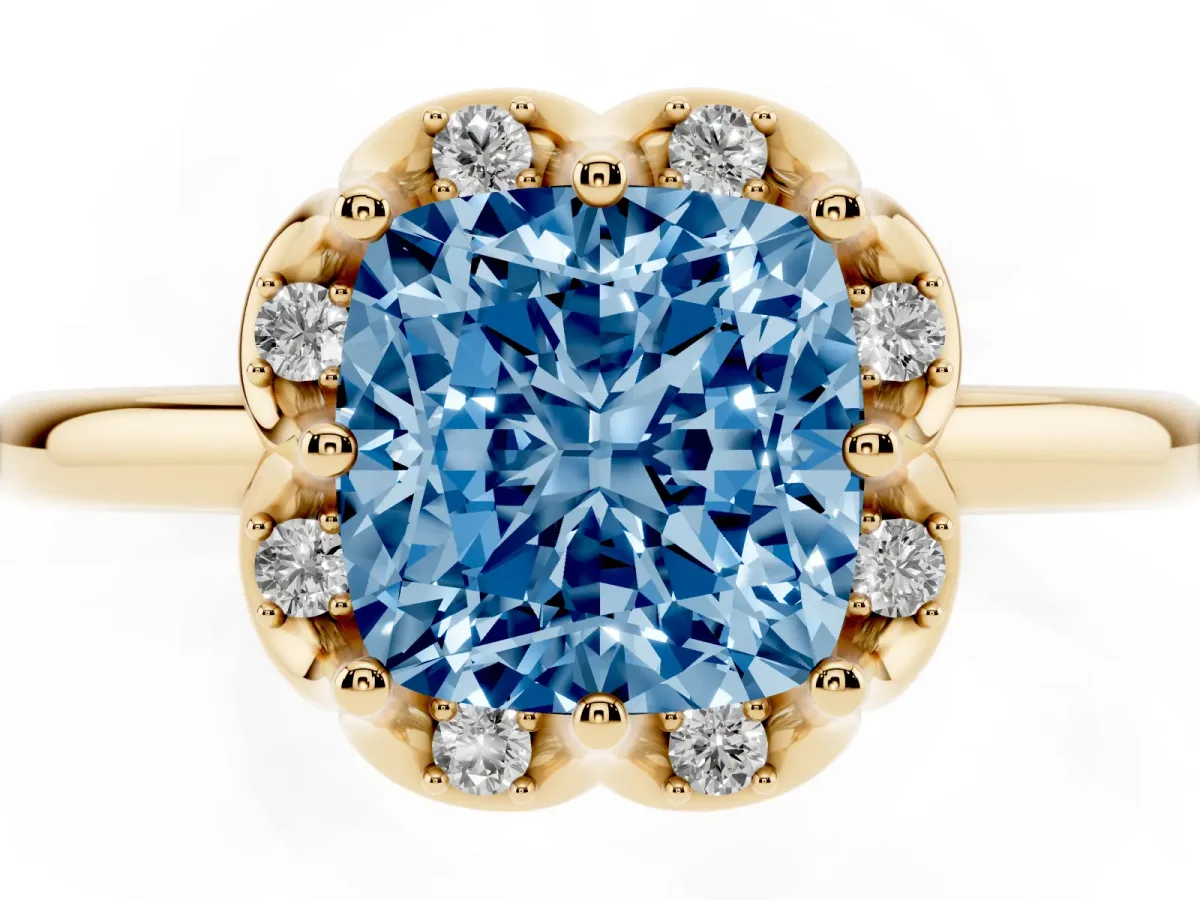 Fancy Blue Cushion Cut Halo Diamond Ring with Round Cluster Setting, Solitaire Band, and Four-Prong Setting Yellow gold