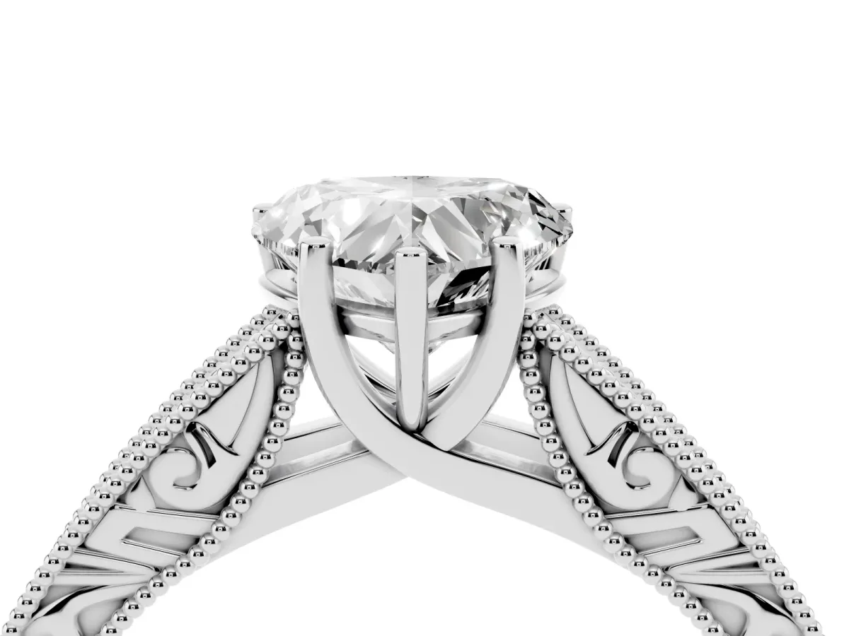 Heart Cut Diamond Solitaire Ring with Engraved Band and Four-Prong Setting White gold