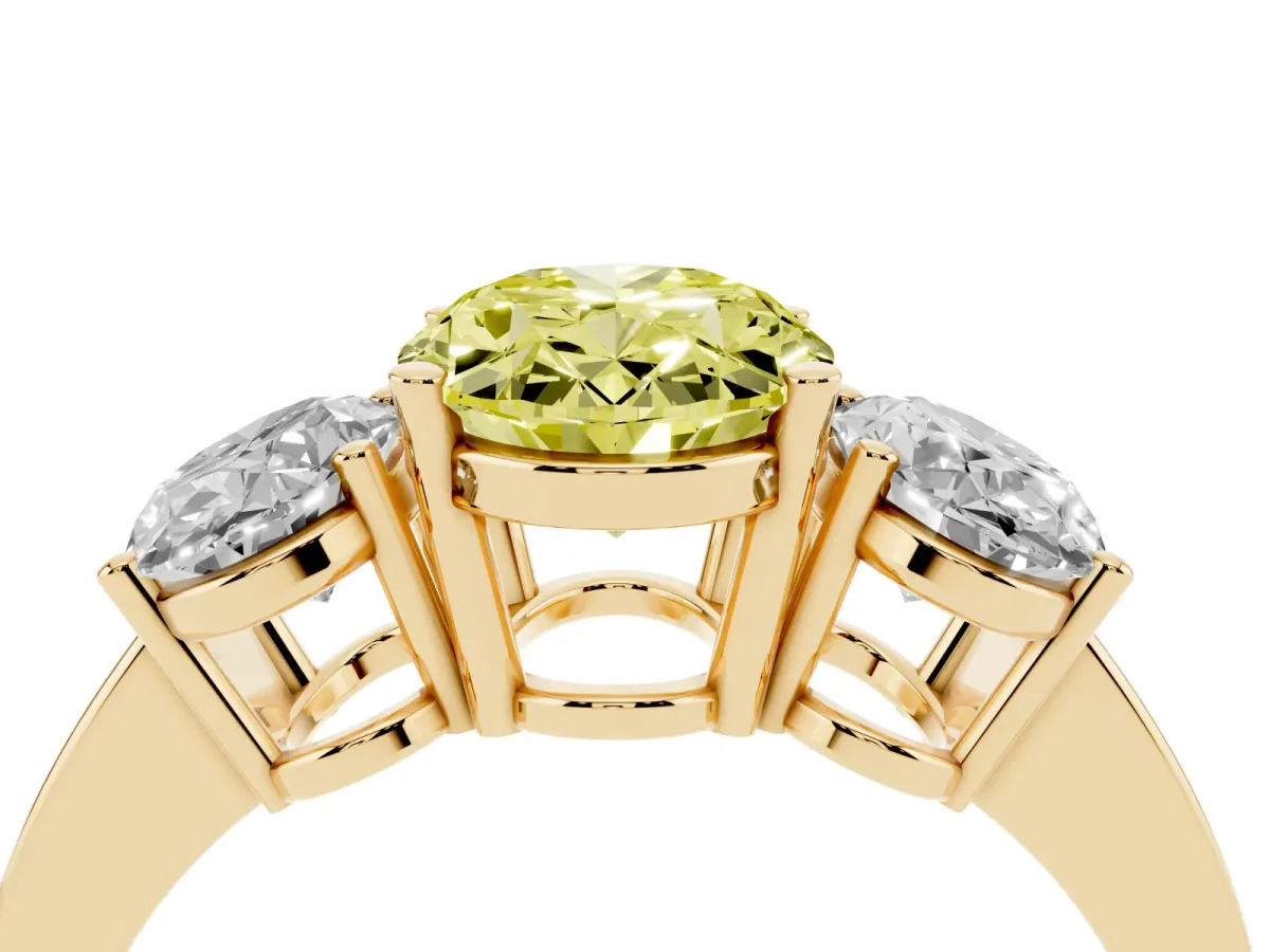 Fancy Yellow Three-Stone Oval Cut Cut Diamond Engagement Ring with Flat Band and Four-Prong Setting Yellow gold