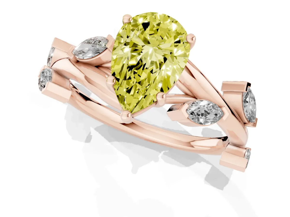 Fancy Yellow Pear Cut Solitaire Twisted Band Marquise Accent Prong Setting Ring Rose gold