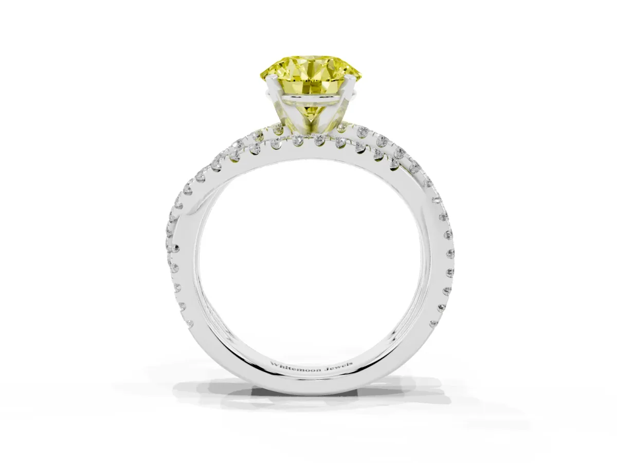 Fancy Yellow Round Cut Solitaire Twist Band with Pavé Setting and Four-Prong Setting Silver